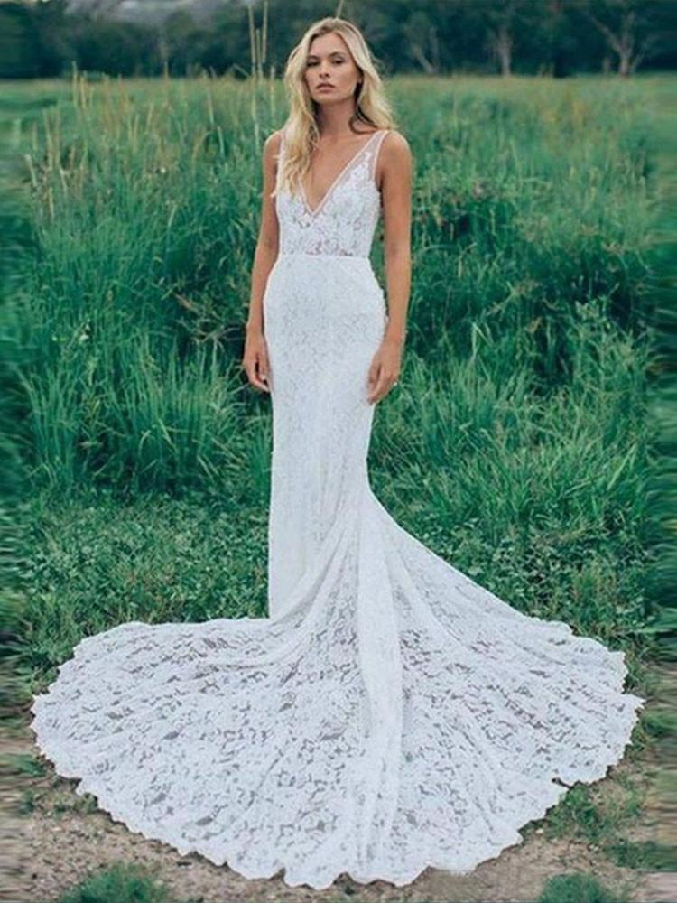 Mermaid V Neck Backless White Lace Long Wedding Dresses,Beach Boho Wed –  Promfast