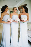 Simple Strapless Grey Satin Cheap Long Bridesmaid Dresses