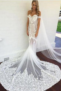 Off the Shoulder Short Sleeves Court Train Mermaid Wedding Dress with Appliques Lace PFW0026