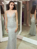 Shiny Mermaid Spaghetti Sheath Silver Long Sexy Prom Dresses PFP0012