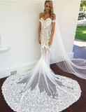 Off the Shoulder Short Sleeves Court Train Mermaid Wedding Dress with Appliques Lace PFW0026