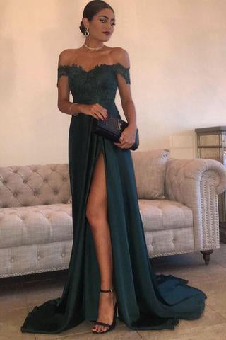 A Line Navy Green Chiffon High Split Prom Dress,Sexy Lace Top Party Gown PFP0404