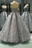 Sweetheart Gray Sleeveless Long Ball Gown Shiny Sequin Prom Dresses PFP0405