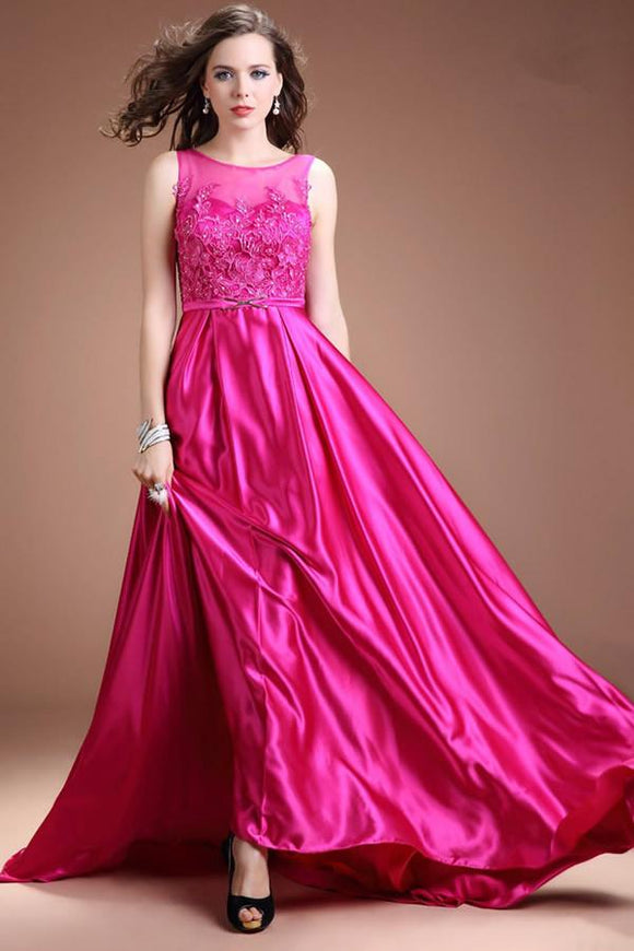 Fuchsia Long Satin Lace Beaded Cap Sleeves Prom Dresses PFP1299
