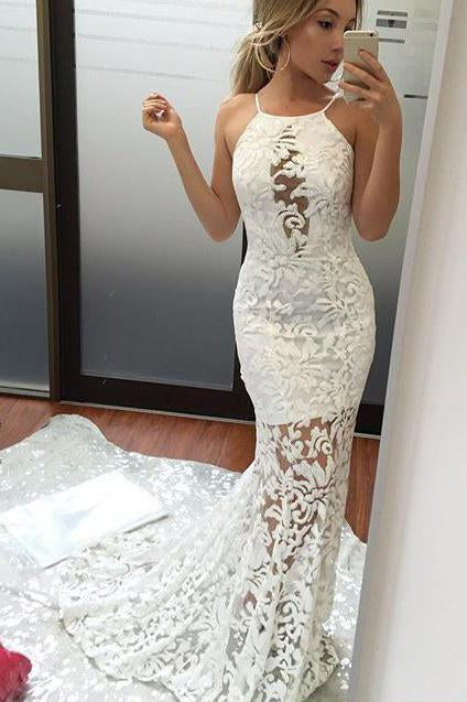 Off White Lace Sexy Halter Prom Dress,Mermaid Long Evening Dress PFP0407