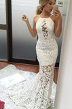 Off White Lace Sexy Halter Prom Dress,Mermaid Long Evening Dress PFP0407