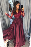 Burgundy Long Sleeves V Neck Lace Top A Line Long Prom Dresses PFP0408