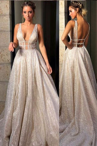 Sparkly Deep V Neck Wedding Dress Bridal Gown,Sequin Prom Dresses PFW0027