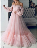 Promfast Pink Lace Off Shoulder Fluffy Tulle Long Sleeve Prom Party Maxi Dress PFP2062