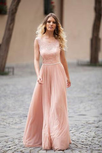 Modest Blush Pink Lace Chiffon Sleeveless Backless A-Line Long Prom Dresses PFP0411