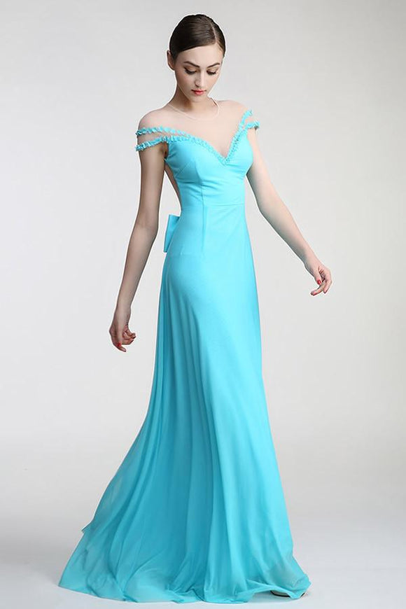 Light Sky Blue Long Deep V-neck Prom Party Dresses PFP1300