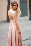 Modest Blush Pink Lace Chiffon Sleeveless Backless A-Line Long Prom Dresses PFP0411