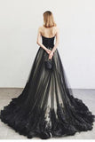 Charming A-Line Sweetheart Strapless Black Long Tulle Prom Dress With Lace Beading PFP0412