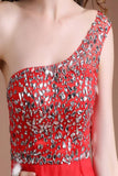 Front Split One Shoulder Red Beaded Open Back Prom Dresses PFP1302