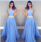 Unique Blue Chiffon Long A Line Beaded Prom Dresses PFP0414