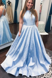 Promfast Light Blue Jewel Open Back Long Prom Dress with Pearls, A Line Sleeveless Formal Dress PFP1895