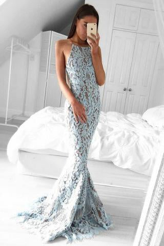 Charming Mermaid Halter Sweep Train Blue Lace Sleeveless Prom Dress PFP0416