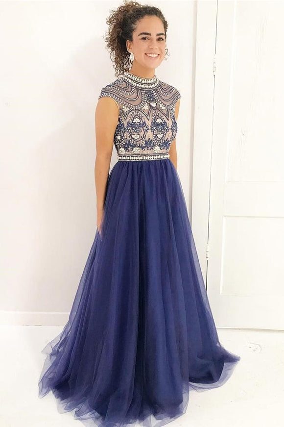 Stylish A Line High Neck Cap Sleeves Beaded Tulle Prom Dress,Formal Evening Dress PFP0417