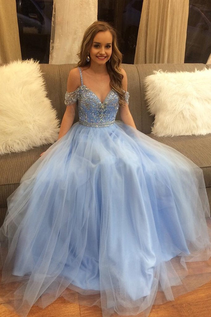 open lace back dress Gorgeous Beading Blue Tulle Long A Line Puffy Prom Dress,Graduation Dr –  Promfast