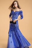 Lace V-neck Blue Half Sleeves Backless Long Prom Dresses PFP1305
