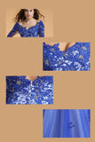 Lace V-neck Blue Half Sleeves Backless Long Prom Dresses PFP1305