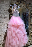Sexy Sleeveless Crystal Beaded Pink Ruffles Tulle Puffy Prom Dresses,Pretty Long Evening Dress