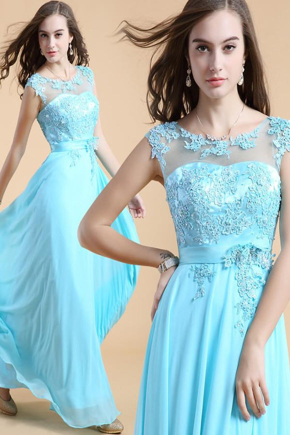 Backless Light Sky Blue Chiffon Long Lace Beaded Prom Dresses PFP1306