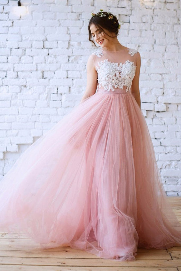 New Arrival Pink Princess Tulle Floor-length Appliques Lace A Line Long Prom Dresses