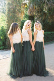 Modest Forest Green Tulle Ivory Lace Top Bridesmaid Dresses PFB0015