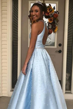 Promfast Light Blue Jewel Open Back Long Prom Dress with Pearls, A Line Sleeveless Formal Dress PFP1895