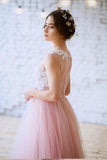 New Arrival Pink Princess Tulle Floor-length Appliques Lace A Line Long Prom Dresses