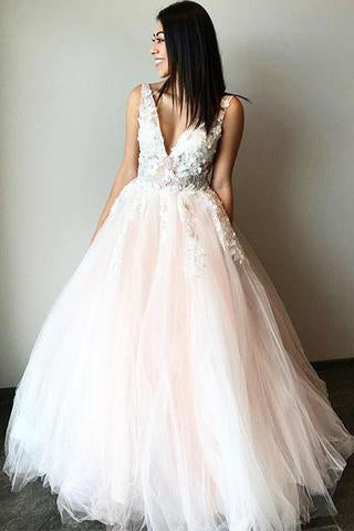 A Line Tulle V Neck Sleeveless Prom Dress With Lace Appliques