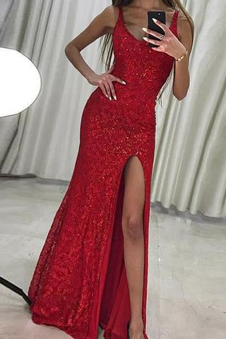 Sexy Mermaid Scoop Sleeveless Floor-Length Red Lace Prom Dress with Sequins Split