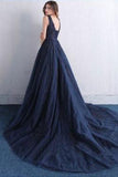 Dark Blue V Neck A Line Appliques Tulle Long Prom Dress