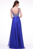 Elegant Royal Blue Long Beaded Cap Sleeves Backless Prom Dresses PFP1310