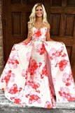 A-Line Sweetheart Floral Printed Pink Satin Prom Dress with Beading
