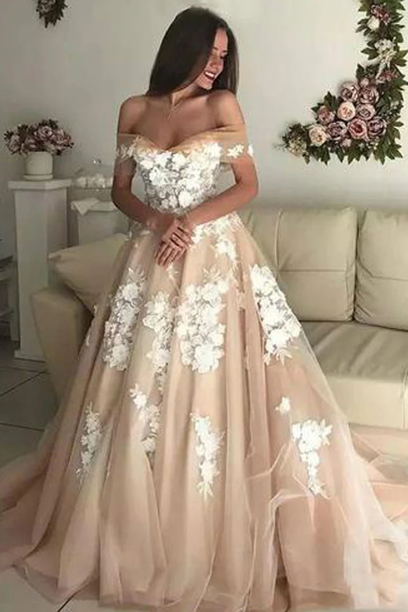 Promfast Charming A-Line Off the Shoulder Tulle Long Prom Dresses with White Appliques PFP1896