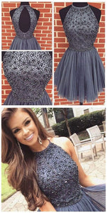 New Arrival Open Back Gray Tulle Short Prom Dresses Homecoming Dress