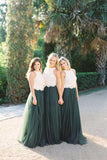 Modest Forest Green Tulle Ivory Lace Top Bridesmaid Dresses PFB0015
