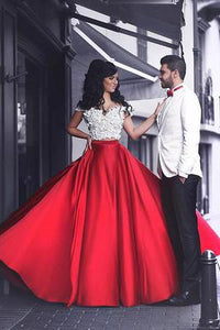 White Lace Crop Top Red Satin Two Piece A Line Prom Dresses