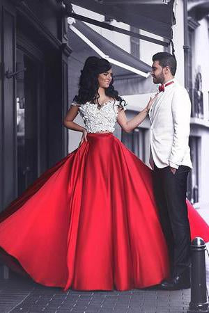red dress with white lace Crop Top Satin Two Piece A Line Prom Dresses PFP0426 – Promfast Women's Summer Dresses | All dresses come with Sleeve Length:ONE SHOULDER Size:Large-B