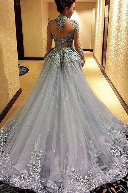 Ball Gown Princess Long Sleeves Tulle Gray Long Formal Prom Dress