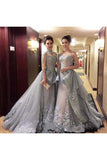 Ball Gown Princess Long Sleeves Tulle Gray Long Formal Prom Dress
