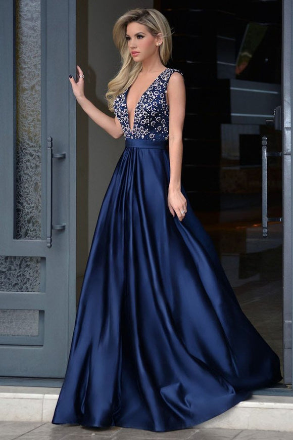 Glamorous A-Line Deep V-Neck Royal Blue Long Beading Prom Dresses With Sweep Train