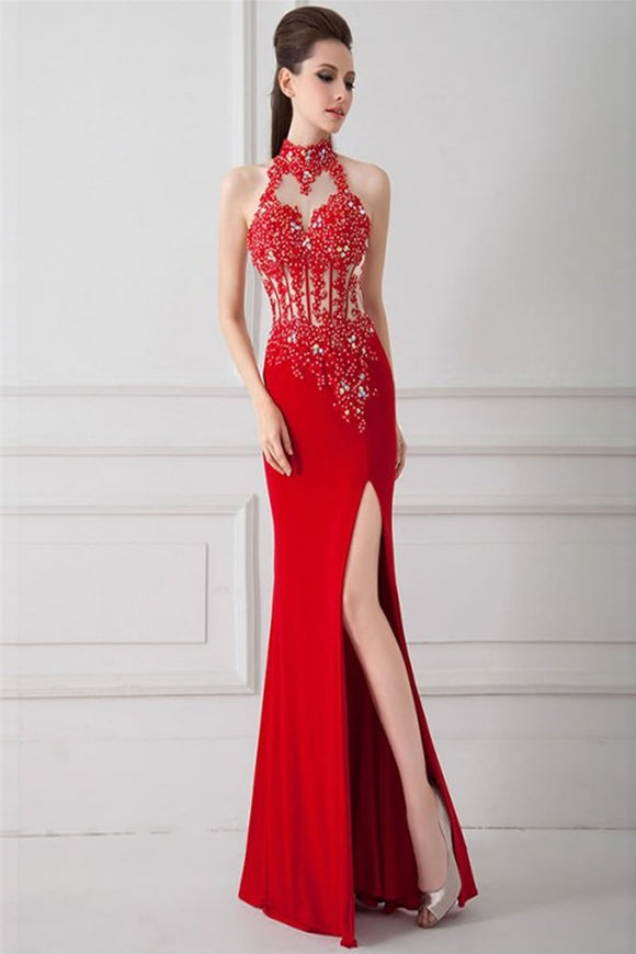 Front Split Sexy Red Beaded Backless Long Prom Dresses PFP1316