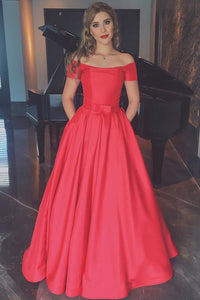 Elegant Coral Short Sleeves Off the Shoulder Ball Gown Cheap Prom Dress With Pocket 