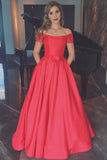 Elegant Coral Short Sleeves Off the Shoulder Ball Gown Cheap Prom Dress With Pocket 