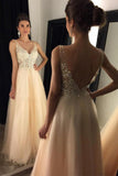 2019 V-Neck Beaded Long A-line Tulle Backless Prom Dresses With Appliques