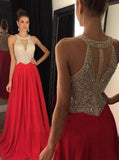 Red Skirt Beaded Bodice Long Deep V Neck Prom Gowns,Fashion Women Dresses