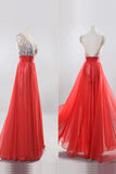 V-neck Beaded Red Long Backless Prom Evening Dresses PFP1320